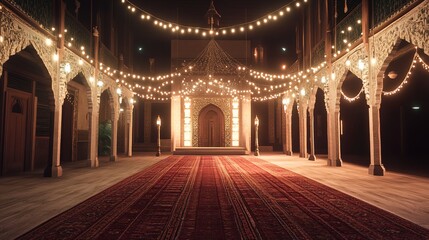 Obraz premium A rustic interior space decorated with festive string lights and bunting