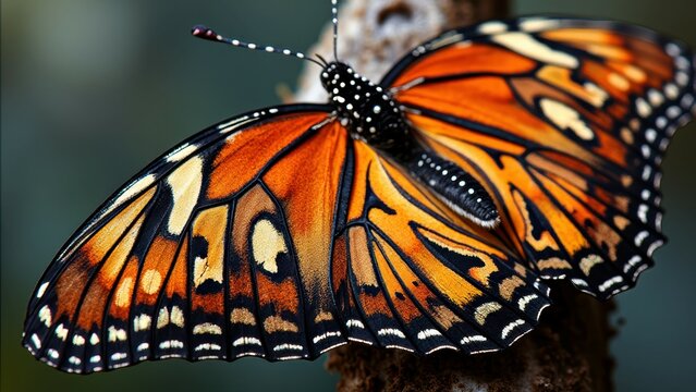 Vibrant monarch butterfly resting on tree bark close-up
