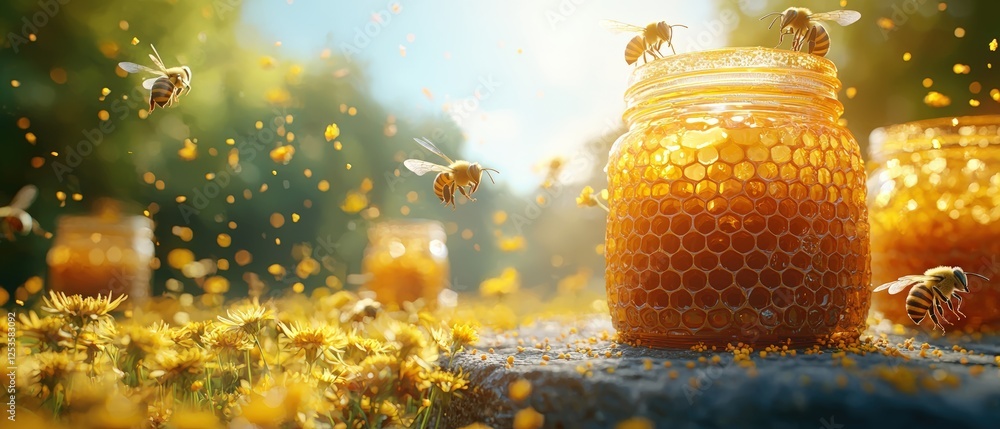 Poster 3d rendering of honeycomb and bees foraging in sunlit garden with jars of honey and blossoming flowe