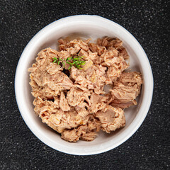 tuna fish canned fresh tasty dish gourmet food background on the table rustic food top view copy space keto and paleo diet food pescetarian 