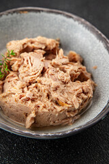 tuna fish canned fresh tasty dish gourmet food background on the table rustic food top view copy space keto and paleo diet food pescetarian 