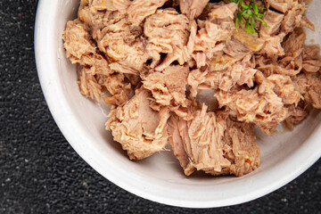 tuna fish canned fresh tasty dish gourmet food background on the table rustic food top view copy space keto and paleo diet food pescetarian 
