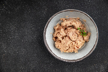 tuna fish canned fresh tasty dish gourmet food background on the table rustic food top view copy space keto and paleo diet food pescetarian 