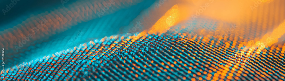 Poster Intricate macro texture of brocade with metallic threads and vibrant background details