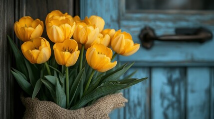 A Bouquet of Yellow Tulips near a Rustic Blue Door
