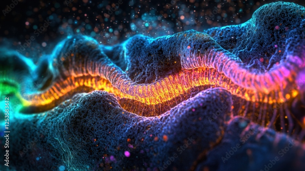 Poster close up view of colorful, intricate cellular structures showcasing vibrant patterns and textures. h