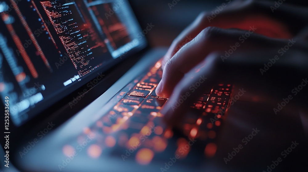 Aufkleber close up of hands typing on a laptop with glowing keyboard and code screen