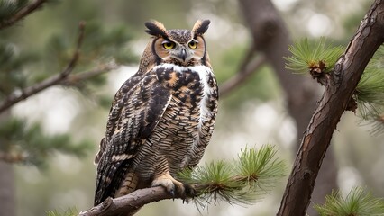 Obraz premium great horned owl perched a pine tree capturing the mystery of nature and wildlife