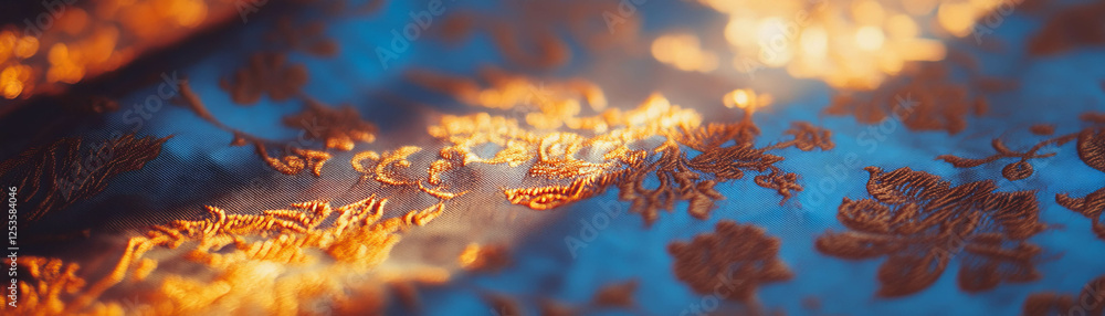 Poster Macro texture of damask fabric showcasing intricately woven patterns against a bright background