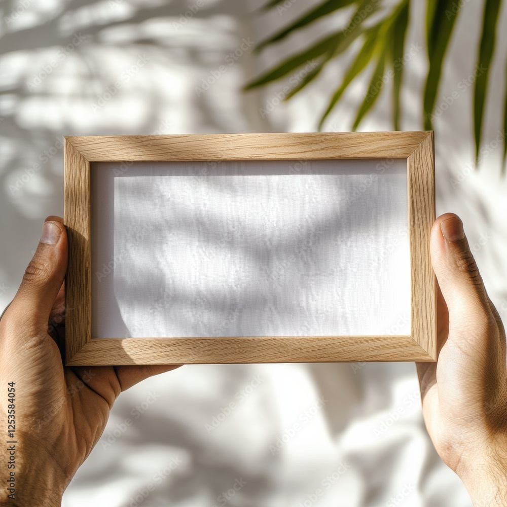 Poster hands holding a wooden frame against a wall with shadow patterns from plants in natural light in a c