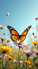 Monarch butterfly on colorful wildflowers under clear blue sky