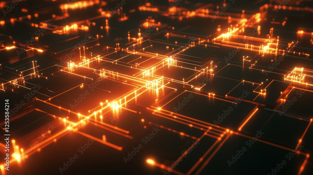 Poster abstract digital network with glowing orange lines and squares on a dark background