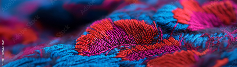 Poster vibrant macro texture of embroidered fabric showcases intricate patterns and rich colors