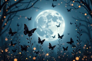 Enchanted night forest with glowing butterflies and full moon scene