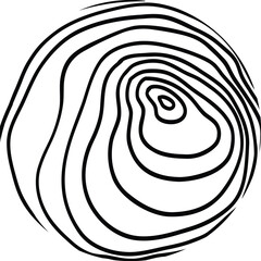 Wood line circle. Tree trunk cross section with topography rings, black and white timber log slices with contour sketch. Vector isolated icon on white