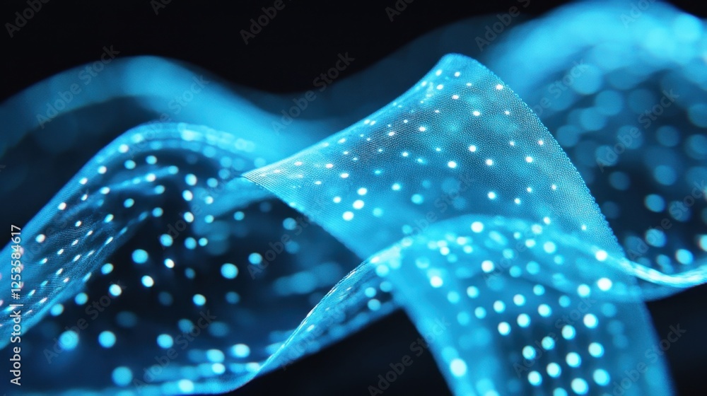 Poster flowing wave of glowing blue light patterns creates a mesmerizing digital effect. the dots and curve