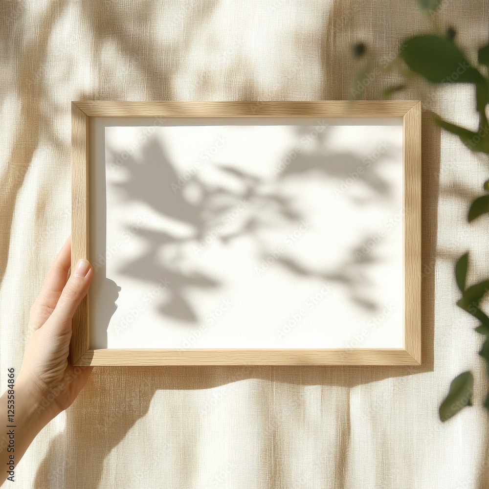 Aufkleber hand holding a blank wooden frame with soft shadows on a textured backdrop in a sunlit space. genera