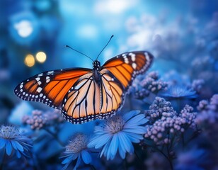 monarch orange butterfly and bright summer flowers on a background of blue foliage in a fairy garden macro artistic image
