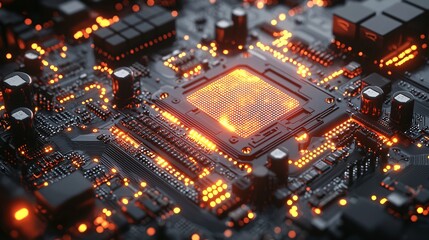 Obraz premium futuristic microchip technology with illuminated circuitry
