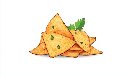 A vibrant stack of crunchy tortilla chips garnished with fresh cilantro, perfect for party platters, snacking, or as a side dish for delicious dips.