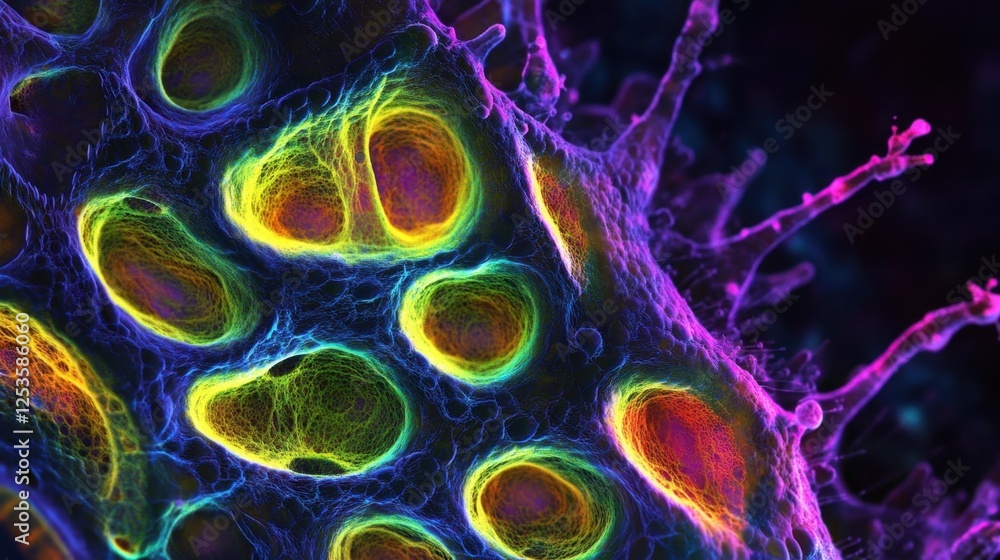 Poster stunning depiction of cellular structures in vivid colors, showcasing intricate patterns and texture