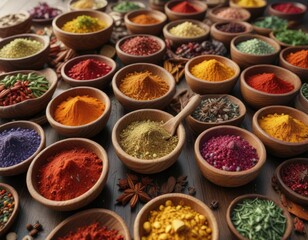 Fototapeta premium Various wooden bowls filled with colorful spices, flavors, spices, assortment