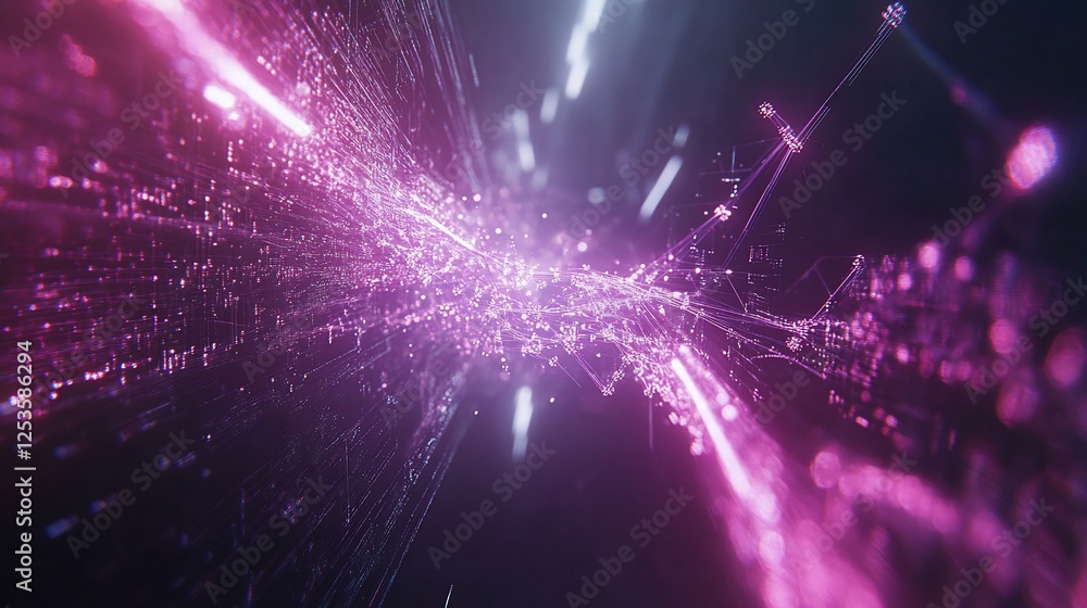 Poster abstract digital network with glowing lines and nodes in purple hues and blurred elements