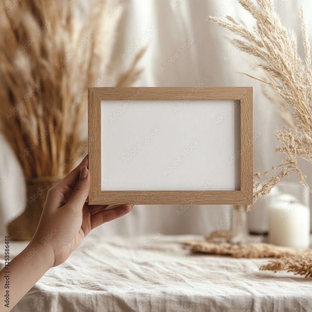 Poster hand holding an empty wooden frame with dried plants displayed on a table in a cozy indoor setting. 