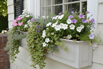 Naklejka premium A window box planter filled with a vibrant climbing plant in shades of white and pastel colors, spilling over the edges, flowering vine, garden feature, window box planter