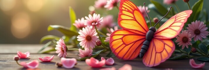 Fototapeta premium Vibrant orange butterfly on blossoming pink daisies in sunlit garden