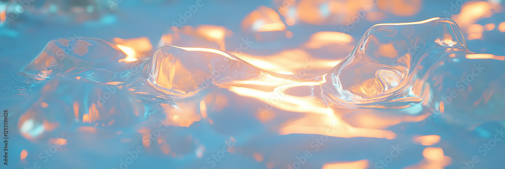 Poster melting geometric ice sculptures create dynamic shadows on textured snowdrifts