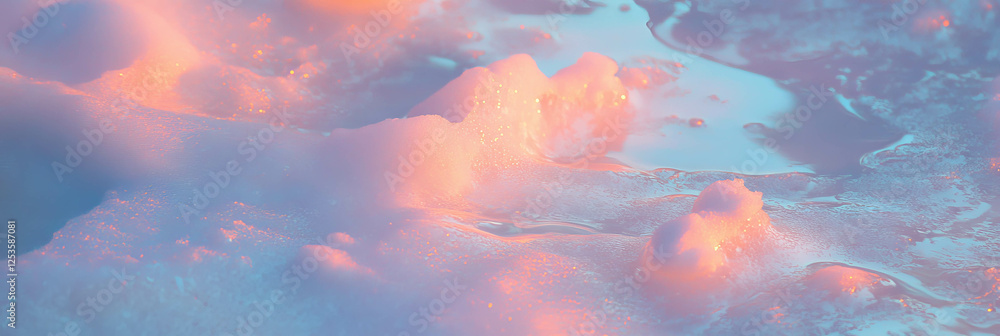 Poster melting snow uncovers vibrant abstract patterns on textured ground in bright environment