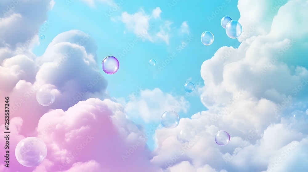 Poster ethereal pastel bubble clouds floating in dreamy whimsical sky background calming peaceful and seren