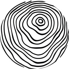 Wood line circle. Tree trunk cross section with topography rings, black and white timber log slices with contour sketch. Vector isolated icon on white