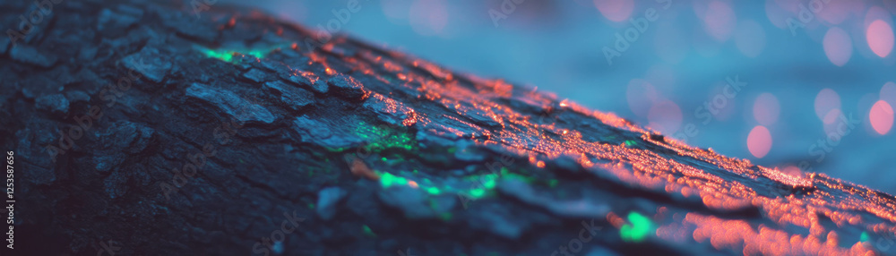 Poster textured palm tree trunk highlighted with neon green against a bright backdrop