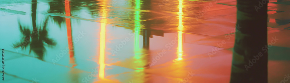 Poster reflection of palm trees in wet sand with vibrant neon outlines against a bright background