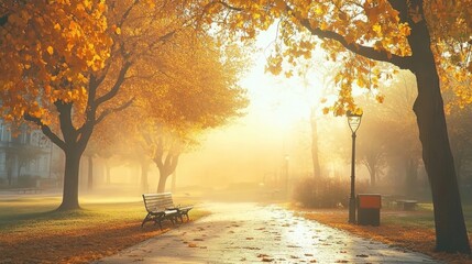 Misty autumn park, beautiful October morning