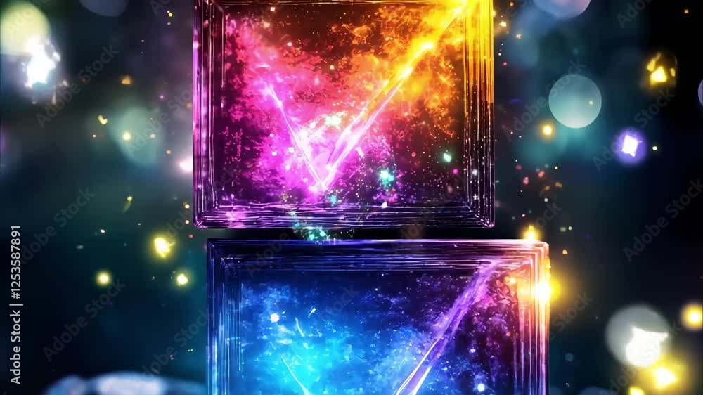 Poster colorful illuminated checkmarks inside glowing boxes, surrounded by sparkling particles and a dark b
