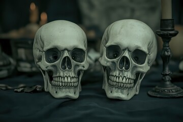 Fototapeta premium Realistic human skulls placed on a dark table with candles