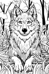 Fototapeta premium Black and white outline illustration of forest scene with a wolf, ideal for children's coloring books, pages and educational activities about wildlife.