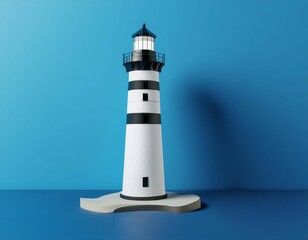 minimalist 3d rendering of a black and white lighthouse on a vibrant blue background