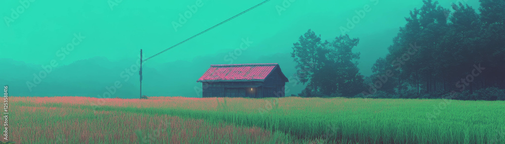 Poster Lush rice fields with a quaint hut set against a vibrant green backdrop