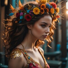 Beautiful Woman with Floral Crown in Golden Sunset Light