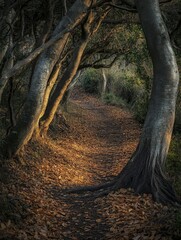 Obraz premium Nature trail adorned with autumn leaves in a forest