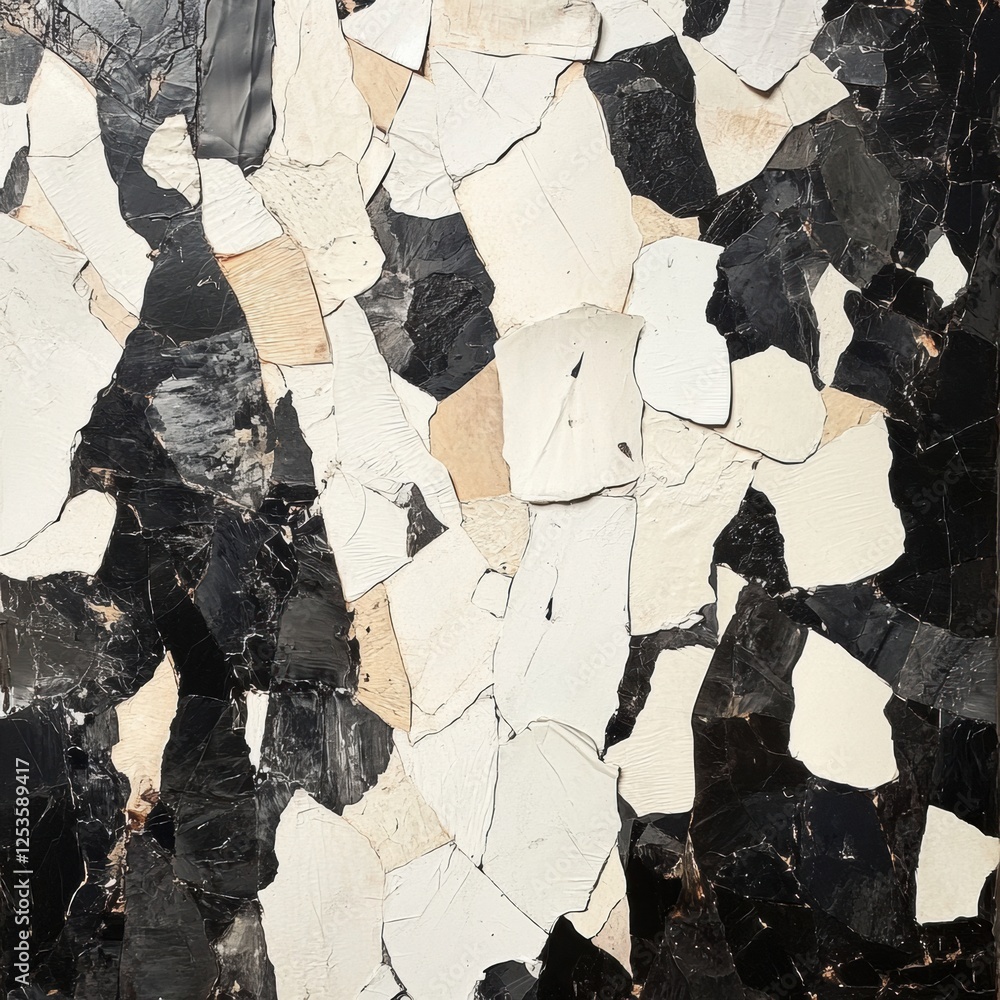 Poster textured black and white art piece showcasing abstract patterns and layered materials. generative ai
