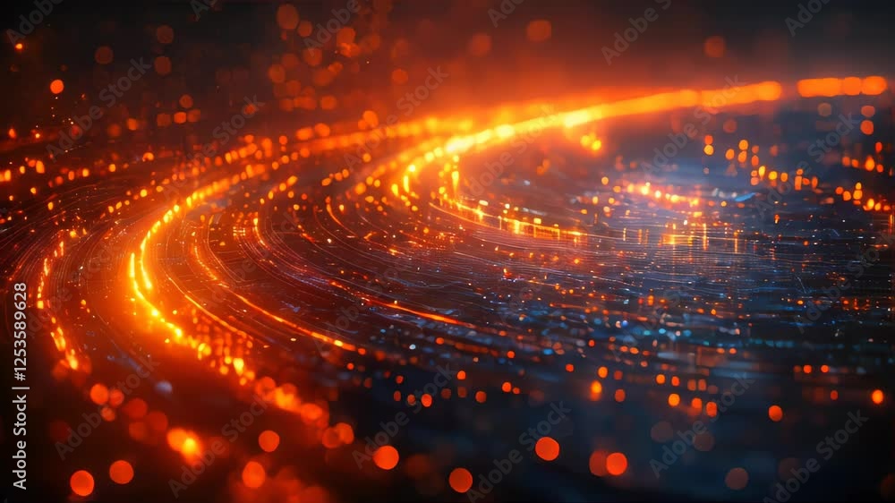 Poster a futuristic data visualization with glowing orange particles forming a circular digital network, re