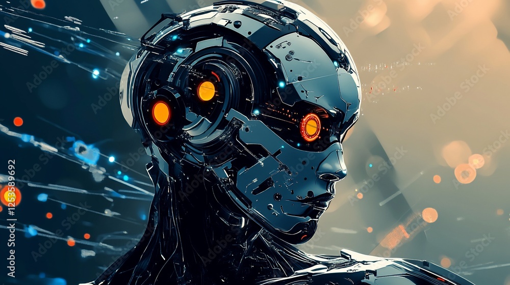 Poster futuristic ai robot head with glowing eyes and data stream background