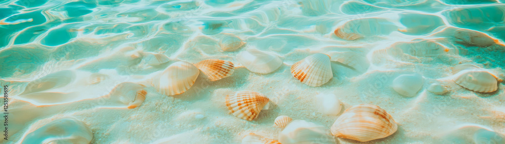 Poster seashells scattered on white sand with waves of turquoise water in a bright setting