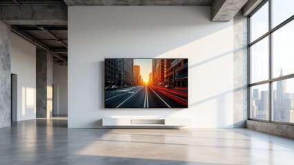 Smart 3D TV Mockup, Loft with city skyline wall-mounted TV abstract art. Photorealistic urban style.