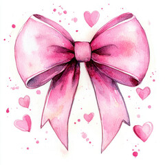 beautiful pink watercolor bow surrounded by hearts, perfect for celebrations and gifts. This charming design evokes feelings of love and joy